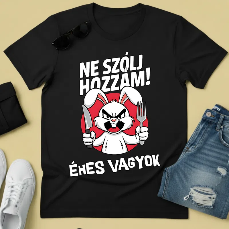 NE SZÓLJ HOZZÁM! ÉHES VAGYOK Mérges Nyuszi Vicces szöveg - Férfi póló - Fekete - Vicces - Vicces szöveg