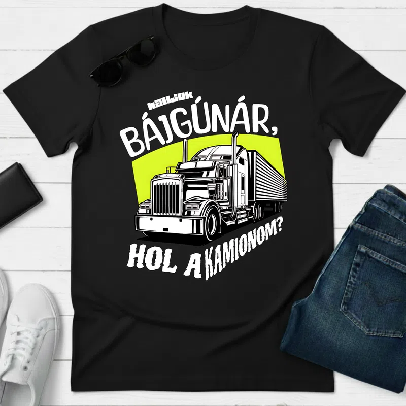 BÁJGÚNÁR Hol a kamionom Vicces Retro Kamion - Férfi póló - Fekete - Járművek - Kamion