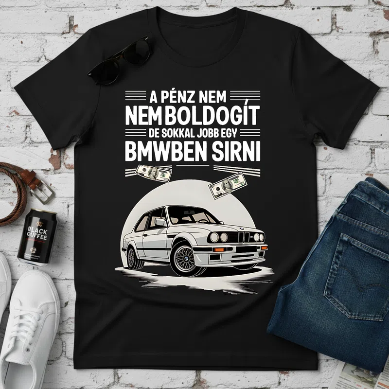 A pénz nem boldogít de sokkal jobb egy BMW-ben sírni Autó - Férfi póló - Fekete - Járművek - Autó