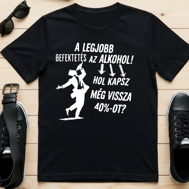 A LEGJOBB BEFEKTETÉS AZ ALKOHOL! Vicces szöveg - Férfi póló - Fekete - Vicces - Vicces szöveg