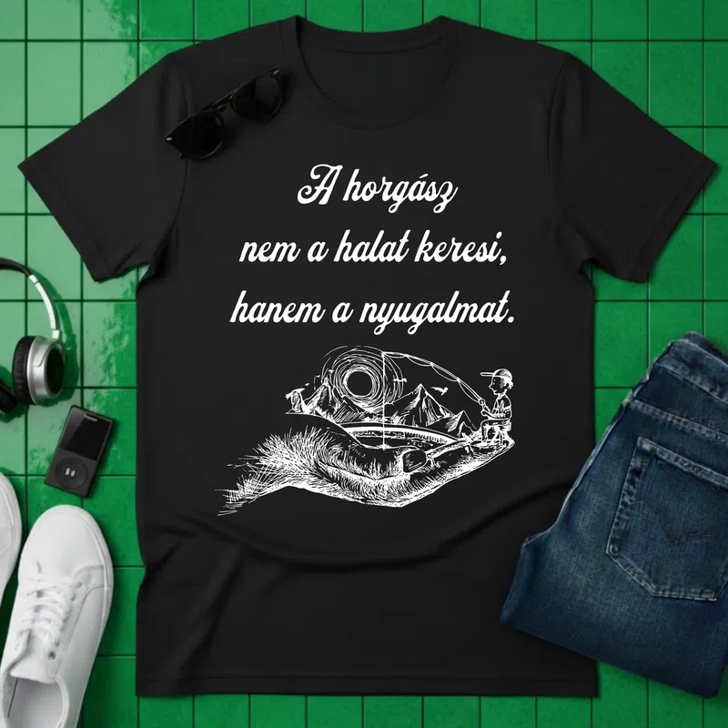 A horgász nem a halat keresi, hanem a nyugalmat Horgász - Férfi póló - Fekete - Hobbi - Horgász