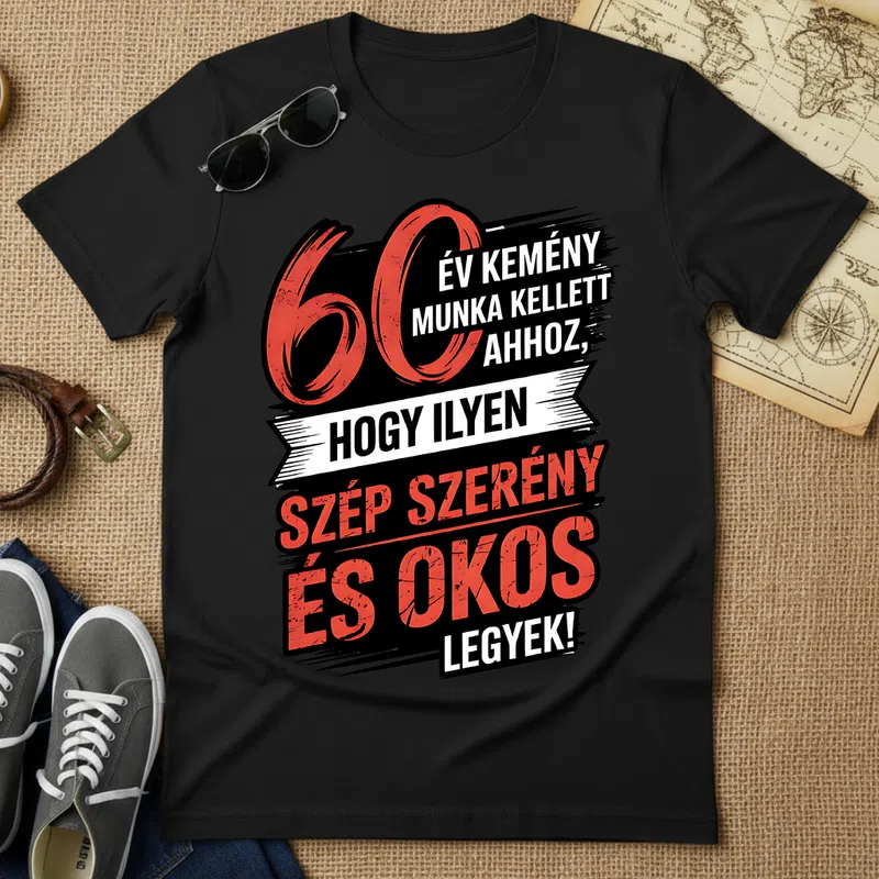 60 ÉV Kemény Munka Szép Szerény Okos Vicces szöveg - Férfi póló - Fekete - Vicces - Vicces szöveg