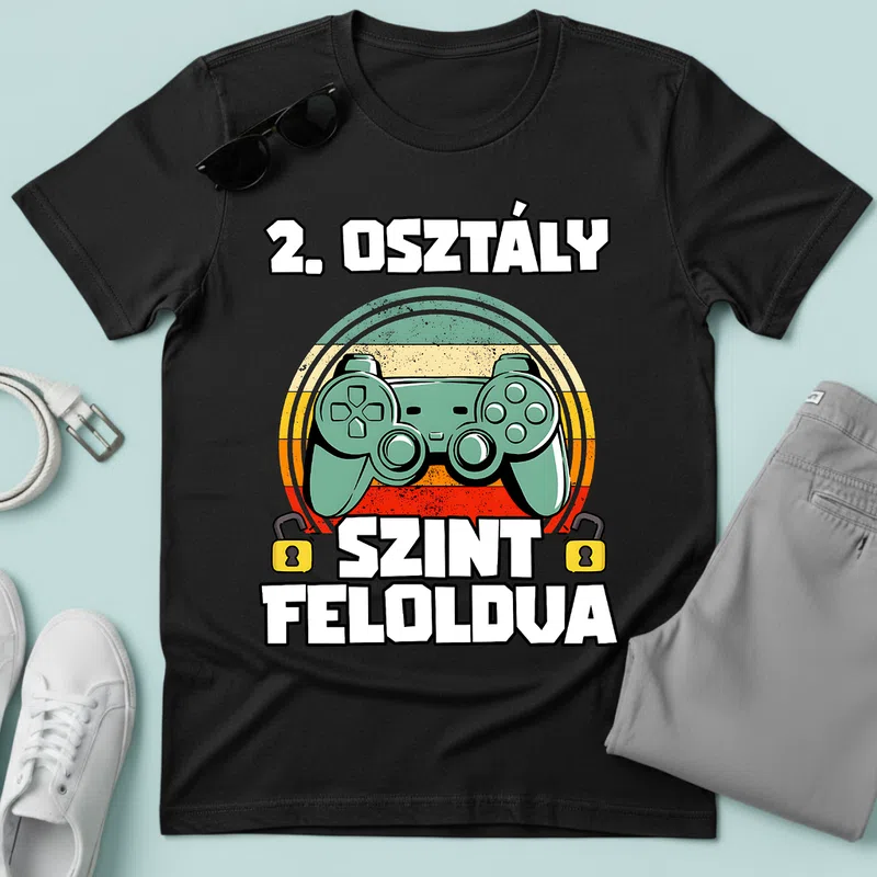 2. OSZTÁLY Szint Feloldva Gamer Retro - Férfi póló - Fekete - Gamer