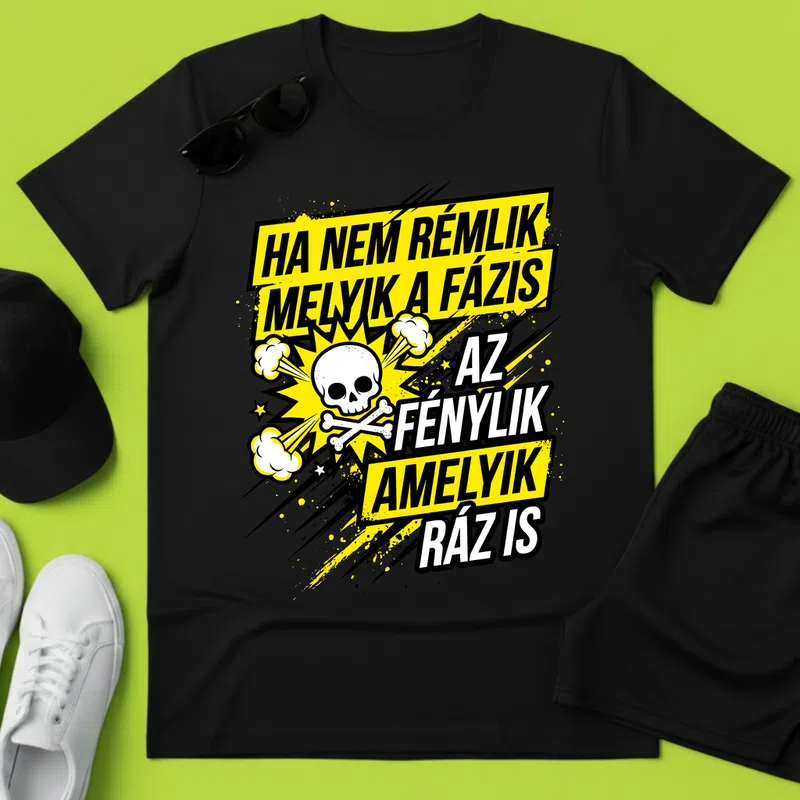 HA NEM RÉMLIK MELYIK A FÁZIS — AZ FÉNYLIK, Punk, Sárga Vicces Vicces szöveg - Férfi póló - Fekete - Vicces - Vicces szöveg