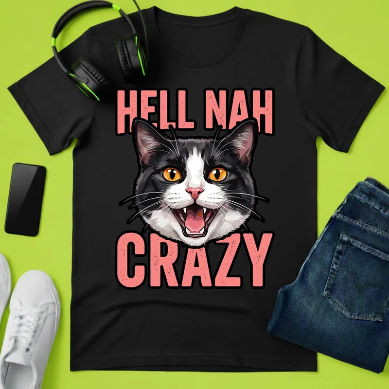 HELL NAH CRAZY bolondos macska Állatok és Természet Cica - Férfi póló - Fekete - Állatok és Természet - Cica