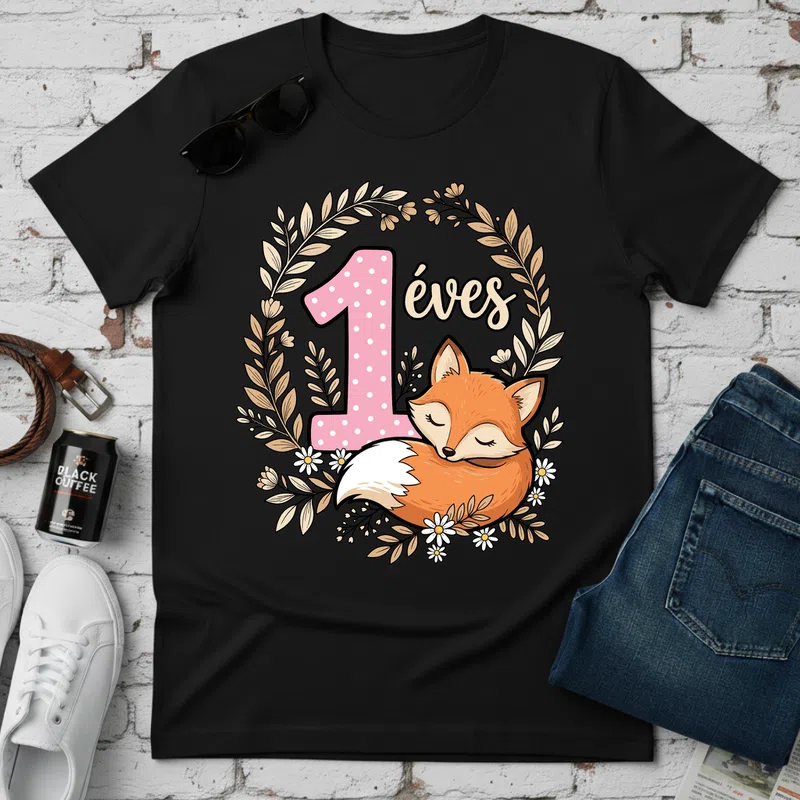 1 éves cuki róka - Férfi póló - Fekete - Születésnap
